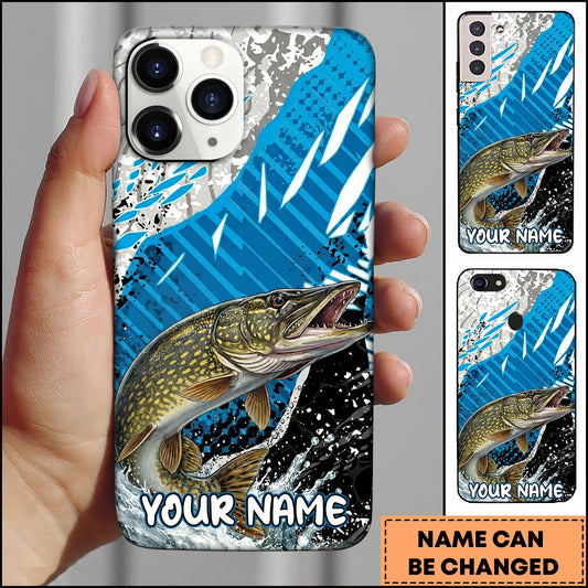 Maxcorners Fishing Jumping Pike Blue Geometric Splash Art Personalized Name Phone Case
