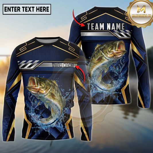 Maxcorners Bass Fishing Black Gold Geometric Personalized Name, Team Name Long Sleeve Shirt (9 Breeds)