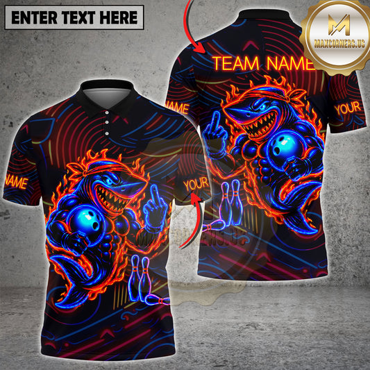 Maxcorners Bowling Shark Shirt Neon Flame Aggressive Shark Graphic Multicolor Options Personalized Name, Team Name 3D Shirt (2 Colors)