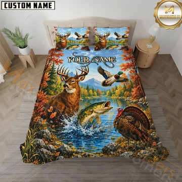 Maxcorners Colorful Autumn Hunting Wildlife Lake Personalized Name 3D Bedding Set