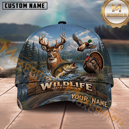 Maxcorners Wildlife Hunting Forest Animals Sunset Scene Multi Options Personalized Name 3D Cap (3 Colors)