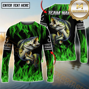 Maxcorner Bass Fishing Green Flame Personalized Team Name Long Sleeve Shirt