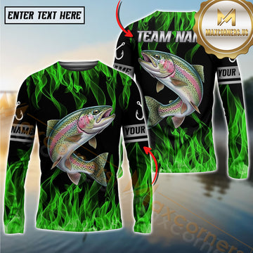 Maxcorner Trout Fishing Green Flame Personalized Team Name Long Sleeve Shirt
