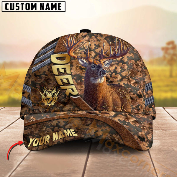 Maxcorners Hunting Cap Brown Camo With Golden Line Personalized Name 3D Cap (Deer/Moose/Elk/Boar)