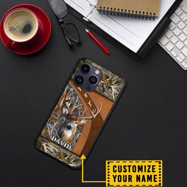 Maxcorners Deer Camo Brown Leather Pattern Personalized Name Phone Case