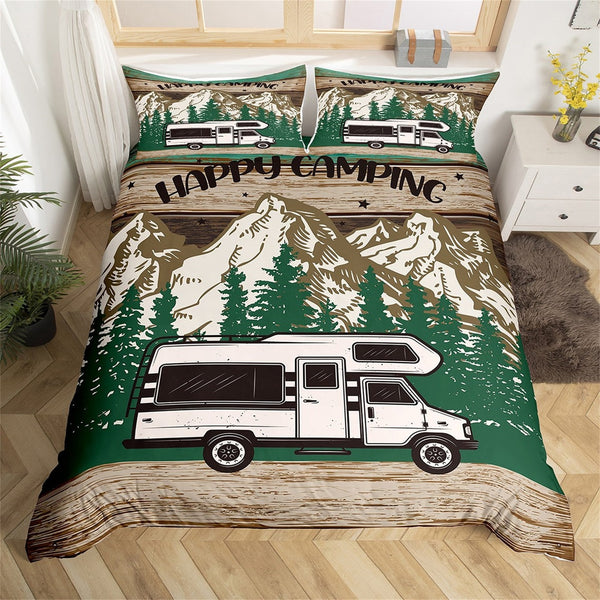 Maxcorners Happy Camping Duvet Cover, Modern White Trailer Print Bedding Set for RV Decor