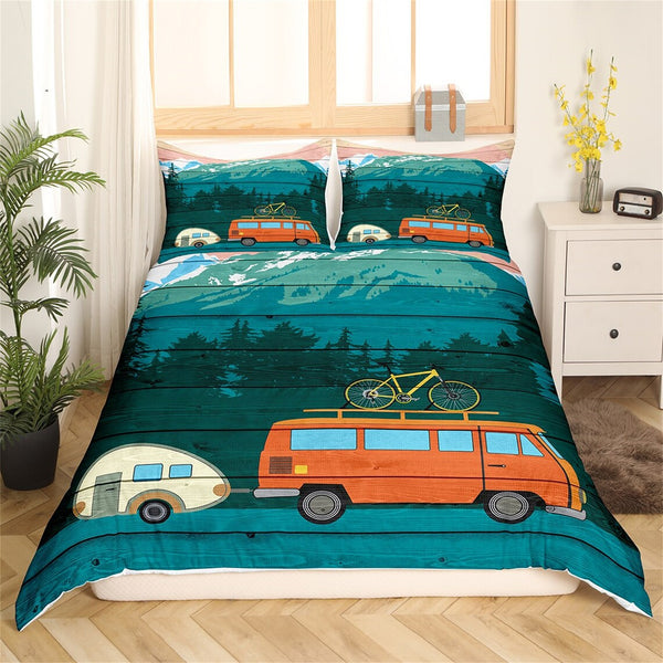 Maxcorners Handmade Camping Duvet Cover, Camper Trailer Bicycle Print Quilt Cover for RV Decor, Rustic Mount Tree Paint Wooden Barn Bedding Set