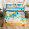 Maxcorners Summer Beach Seaside Duvet Cover, Floral Bicycle Retro Wooden Plank Comforter Cover, Ocean Hawaiian Holiday Theme Bedding Set