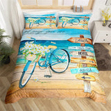 Maxcorners Summer Beach Seaside Duvet Cover, Floral Bicycle Retro Wooden Plank Comforter Cover, Ocean Hawaiian Holiday Theme Bedding Set