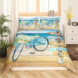 Maxcorners Summer Beach Seaside Duvet Cover, Floral Bicycle Retro Wooden Plank Comforter Cover, Ocean Hawaiian Holiday Theme Bedding Set