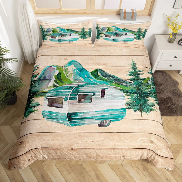 Maxcorners Watercolor Camping Trailer Duvet Cover for RV Decor, Nature Mount Tree Paint Bedding Set