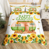 Maxcorners Happy Camping Duvet Cover, Rustic Sunflower Farmhouse Trailer/RV Quilt Cover, Retro Floral Wooden Board Print Bedding Set