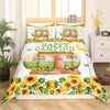 Maxcorners Happy Camping Duvet Cover, Rustic Sunflower Farmhouse Trailer/RV Quilt Cover, Retro Floral Wooden Board Print Bedding Set