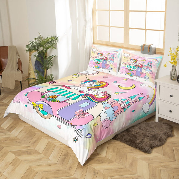 Maxcorners Pink Camping Trailer Duvet Cover, Cartoon Cute Unicorn Fantasy Castle Starry Bedding Set