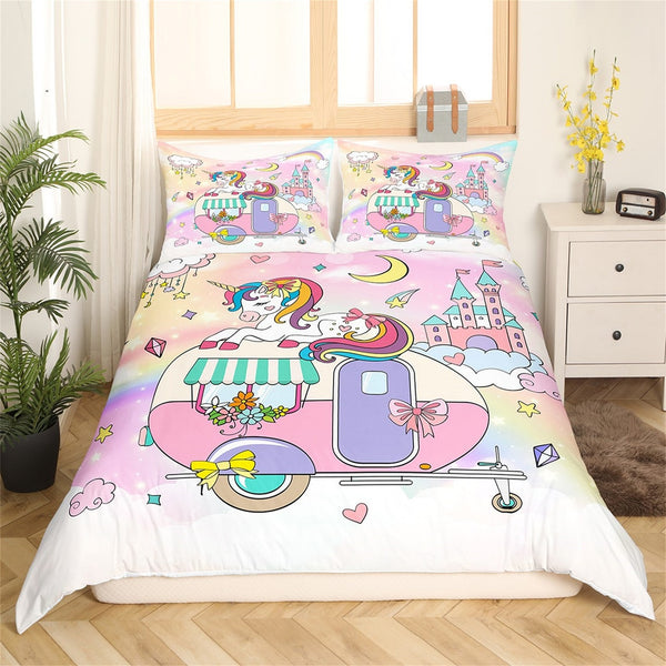 Maxcorners Pink Camping Trailer Duvet Cover, Cartoon Cute Unicorn Fantasy Castle Starry Bedding Set