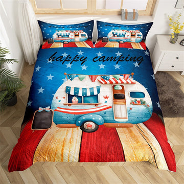 Maxcorners Happy Camping Duvet Cover for RV Decor, Retro Rustic Wooden Board Bedding Set
