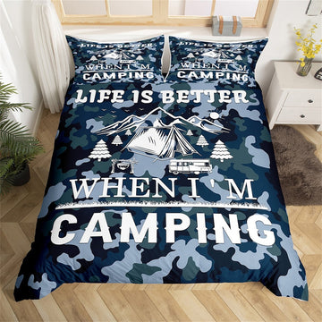 Maxcorners Happy Camping Duvet Cover for RV Decor, Blue Camouflage Artistic Bedding Set