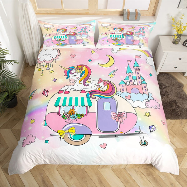 Maxcorners Pink Camping Trailer Duvet Cover, Cartoon Cute Unicorn Fantasy Castle Starry Bedding Set