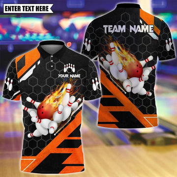 Maxcorners Custom Bowling Polo Shirt, Flame Bowling Design, Personalized Bowling Polo for Men Women,Personalized Name Team 3D Shirt Orange