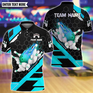 Maxcorners Custom Bowling Polo Shirt, Flame Bowling Design, Personalized Bowling Polo for Men Women,Personalized Name Team 3D Shirt Cyan