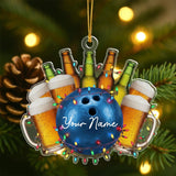 Maxcorners Custom Bowling and Beer Ornament 2025, Personalized Christmas Gift for Him, Funny Holiday Tree Decor, Custom Name Keepsake LM1111