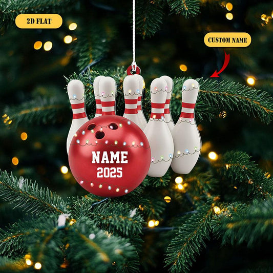 Maxcorners Personalized Bowling 2D Flat Ornament 2025, Custom Name Christmas Ornament, Bowling Ball and Pins Decor, Gift for Bowler or Bowling Team LM1111