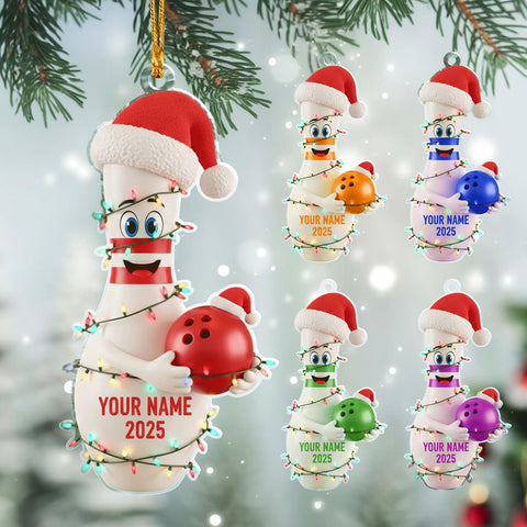 Maxcorners Personalized Bowling Ornament 2025 - Custom Name Christmas Decor with Santa Hat and Lights, Fun Holiday Gift for Bowlers and Sports Lovers LM1111