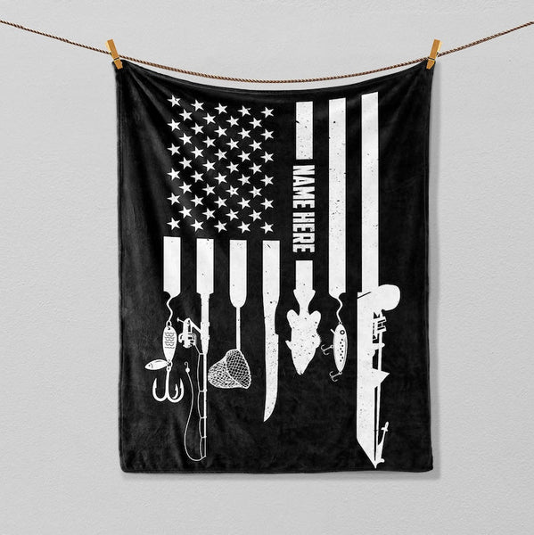 Maxcorners Custom Name Fishing Black USA Flag Blanket