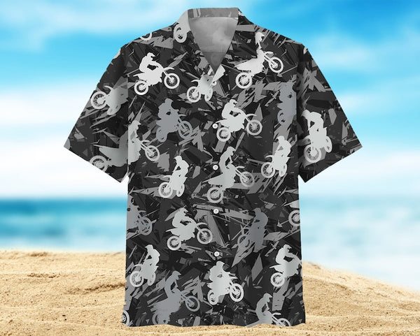 Maxcorner White Grey Dirt Bike Pattern Motocross Hawaiian Shirt