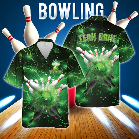 MaxCorners Bowling And Pins Green Thunder Lightning Customized Name, Team Name 3D Hawaiian Shirt