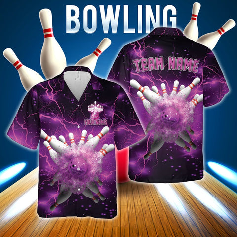 MaxCorners Bowling And Pins Purple Thunder Lightning Customized Name, Team Name 3D Hawaiian Shirt