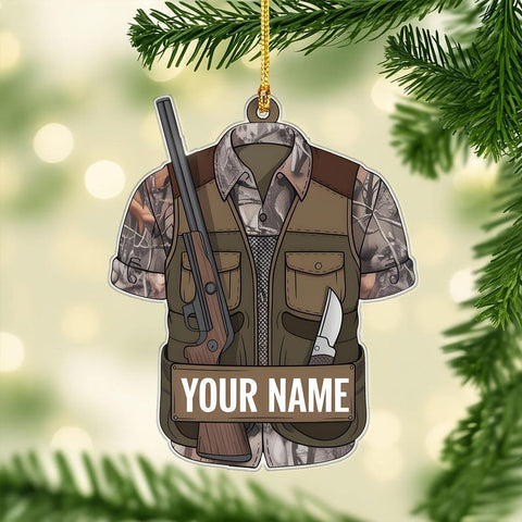 Maxcorners Personalized Hunting Vest Ornament, Custom Name Hunter Gift, Camo Shirt Christmas Decor, Outdoorsman Rifle Xmas Ornament, Hunting Life