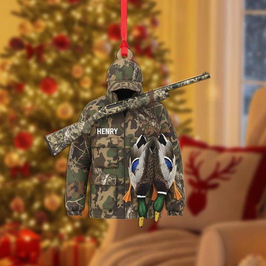 Maxcorners Personalized Camo Hunter Coat with Rifle And Ducks Christmas 3D Ornament, Custom Holiday Tree Decor, Perfect Gift for Hunter