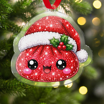 Maxcorners Dumpling Ornament Cute Sparkle Glitter Character Wearing Santa Cap Holly Berries Xmas Tree Hanging Personalized Christmas Decor