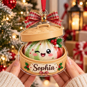 Maxcorners Dumpling Ornament Cute Winking Character Plaid Ribbon Bow Jingle Bell Holly Berries Bamboo Steamer Basket Tree Hanging Personalized Christmas Decor