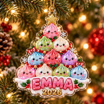 Maxcorners Dumpling Ornament Cute Stacked Characters Xmas Tree Shape Sparkle Glitter Holly Berries Star Snowflakes Year 2026 Personalized Christmas Decor