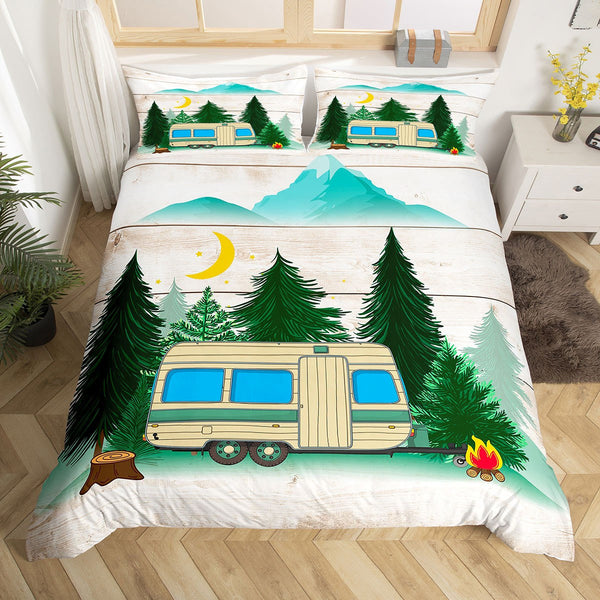 Maxcorners Happy Camping Duvet Cover, Cartoon Trailer/RV Jungle Trees Watercolor Natural Bedding Set