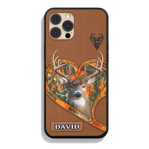 Maxcorners Deer Heart Hunter Orange Camo Brown Leather Pattern Personalized Name Phone Case