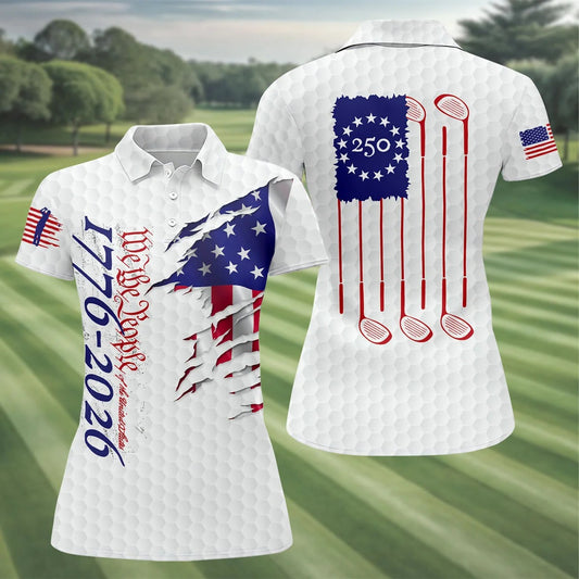 Maxcorners We The People 250 Anniversary 1776-2026 Distressed Flag Golf Shirt For Women, Patriotic 4th Of July Golf Shirt LM1507