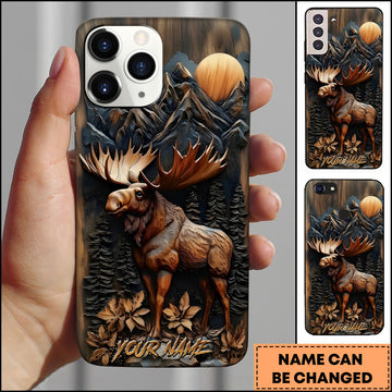 Maxcorners Moose Wildlife Wooden Carving Mountain Sunset Multiple Options Personalized Name Phone Case