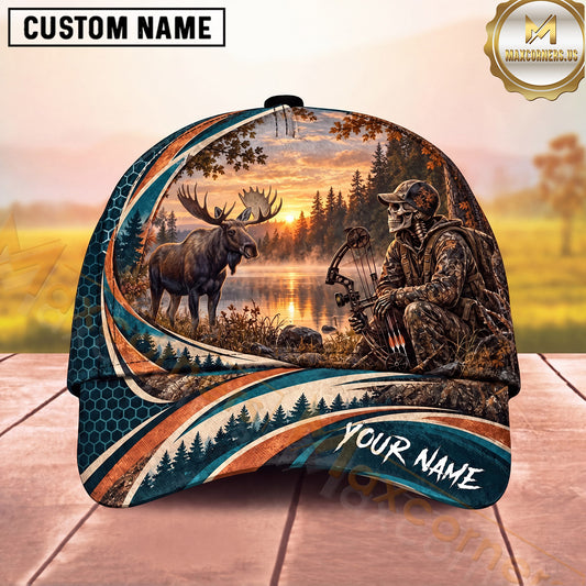 Maxcorners Hunting Skull Archer Sunset Lake Bow Hunting Design Multiple Options Personalized Name 3D Cap