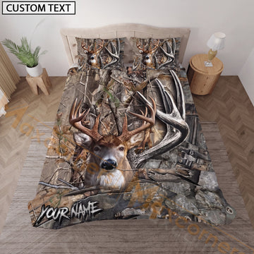 Maxcorners Personalized Big Buck Hunting Bedding Set, Custom Name Whitetail Deer Woodland Camo Bedding, Deer Hunter Gift for Hunter
