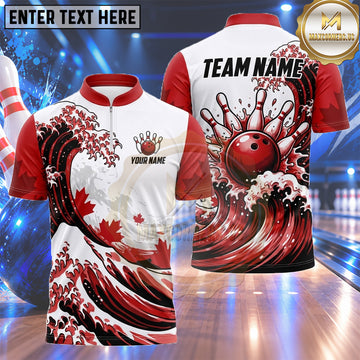 Maxcorners Canadian Bowling Shirt Ocean Wave Maple Leaf Artwork Multiple Options Personalized Name, Team Name 3D Shirt