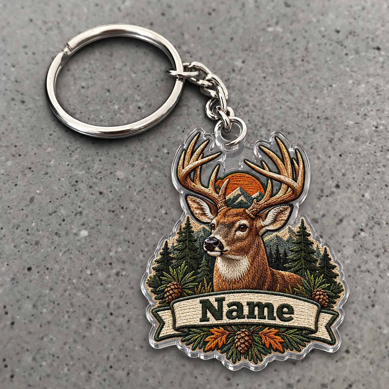 Maxcorners Trophy Buck Hunting Pine Forest Rustic Banner Custom Name Trap Hunting Custom Gift 2D Flat Acrylic Ornament, Keychain