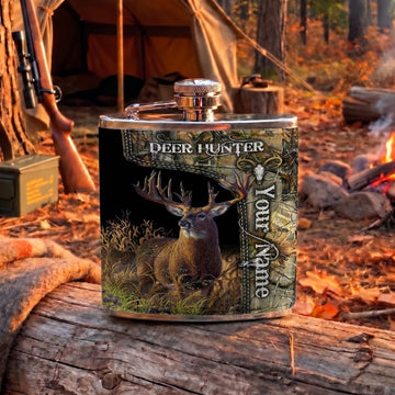 Maxcorners Deer Hunting Majestic Buck and Dark Woodland Scene Multiple Options Personalized Name 3D Hip Flask
