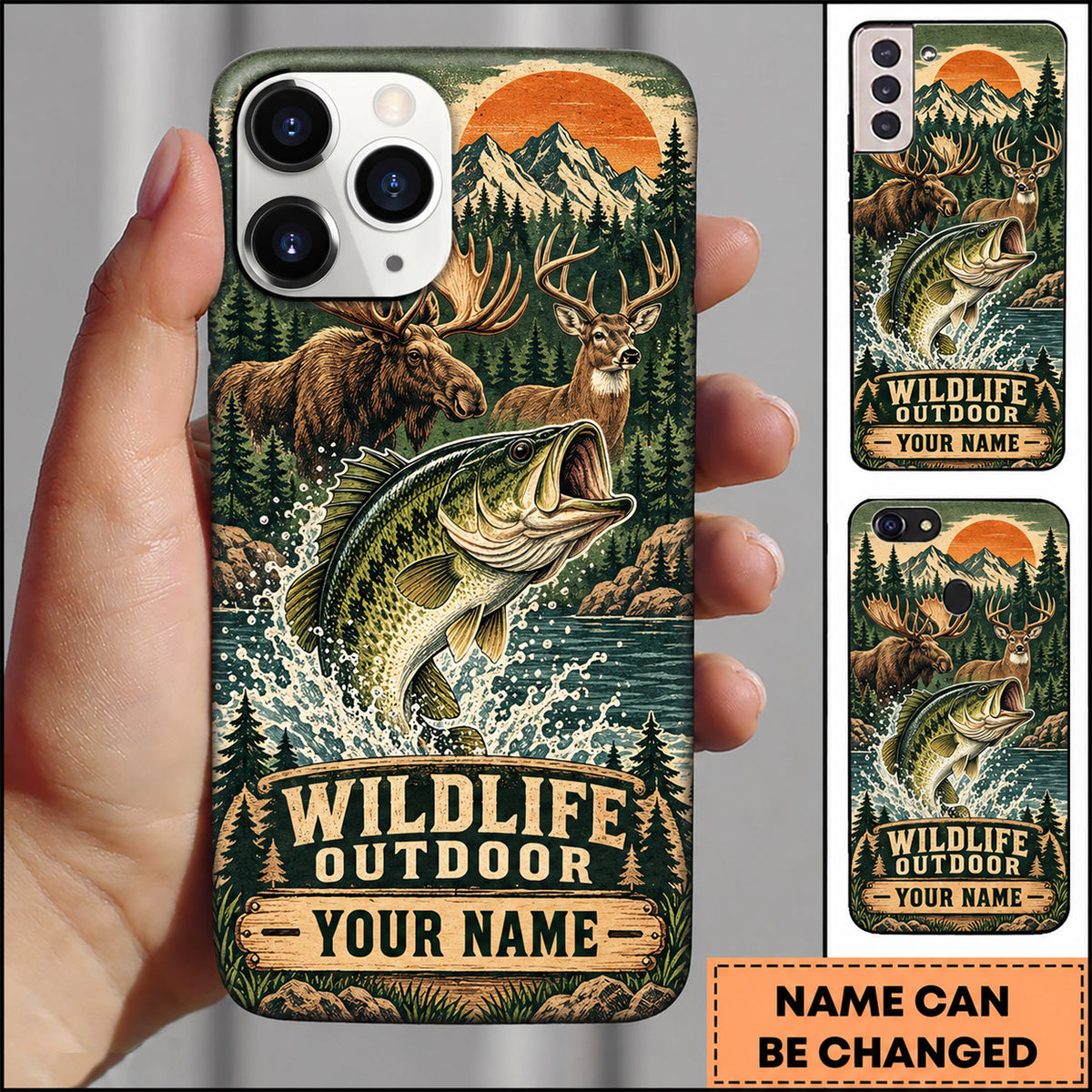 Maxcorners Bass Fishing Bear Mountain Wilderness Scene Personalized Name 3D Phone Case
