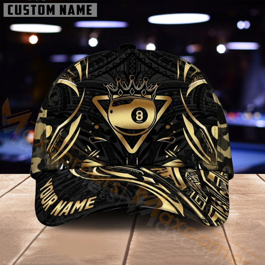 Maxcorners Billiards 8 Ball Luxury Black Gold Geometric Multiple Options Personalized Name 3D Cap