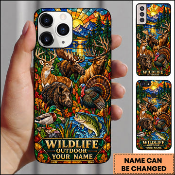 Maxcorners Wildlife Outdoor Hunting Stained Glass Deer Bear Turkey Personalized Name 3D Phone Case