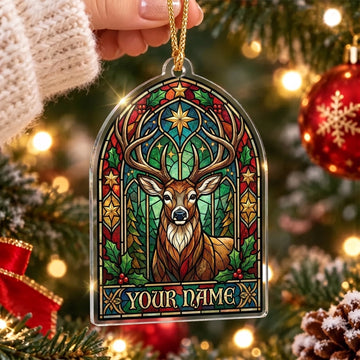 Maxcorners Stained Glass Whitetail Deer Woodland Personalized Name Christmas Ornament