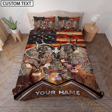 Maxcorners Personalized American Flag Deer Hunting Bedding Set, Custom Name Patriotic Buck Hunter Bedding, Hunting Gift for Hunter